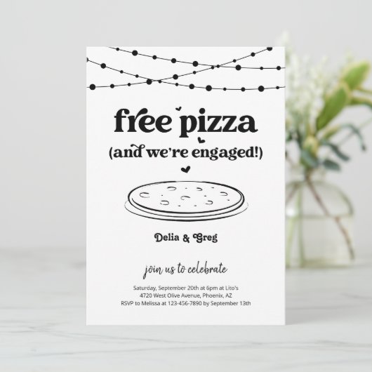Gratis Pizza Grappig Verlovingsfeest Uitnodiging (Staand voorkant)