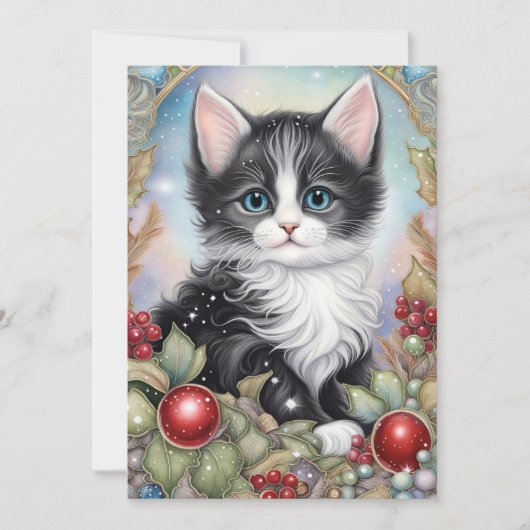 Gratis Tuxedo Kitten Holly Berries Frame Feestdagenkaart (Voorkant)