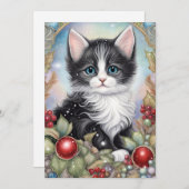 Gratis Tuxedo Kitten Holly Berries Frame Feestdagenkaart (Voorkant / Achterkant)