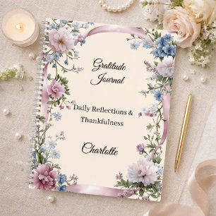 Gratitude dagboek roze lint crèmekleurige bloemen notitieboek