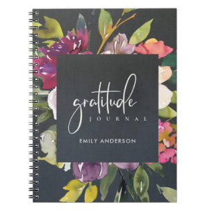 GRATITUDE JOURNAL GRAY PINK BURGUNDY PAARSE FLORAL NOTITIEBOEK