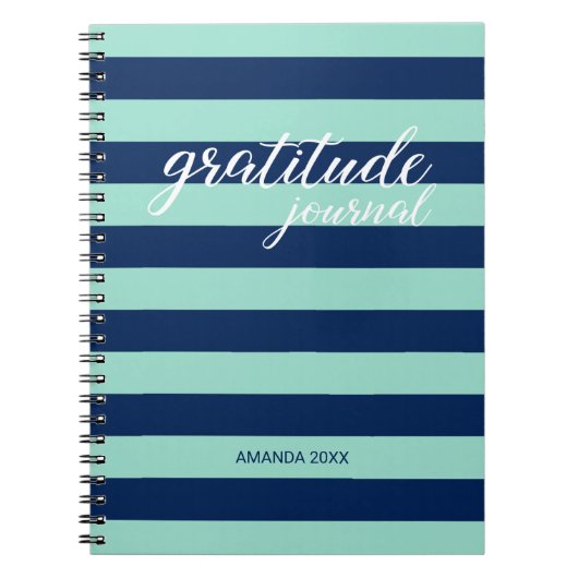 Gratitude Journal Mint Green Navy Stripes Name Notitieboek (Voorkant)