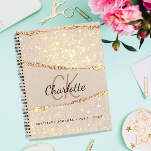 Gratitude journal roos gold agate glitter monogram notitieboek