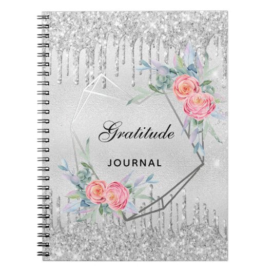 Gratitude journal silver floral glitter blush pink (Devant)