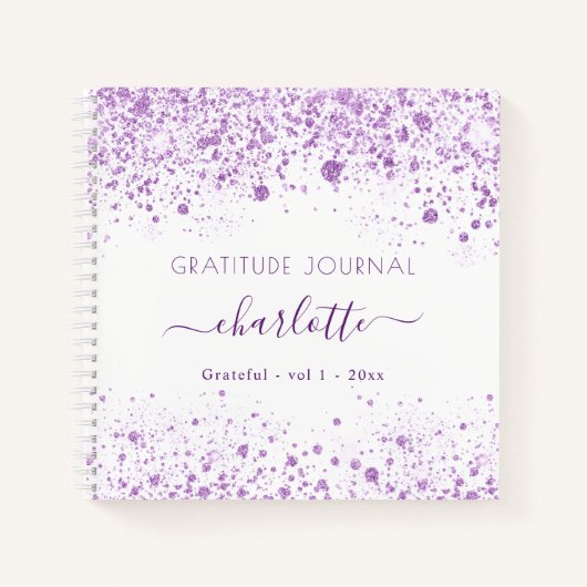 Gratitude journal violet white glitter name notitieboek (Voorkant)