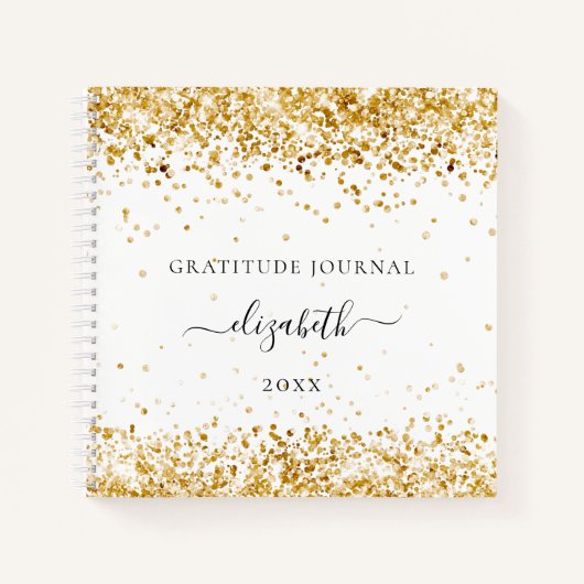 Gratitude journal white gold glitter confetti name notitieboek (Voorkant)