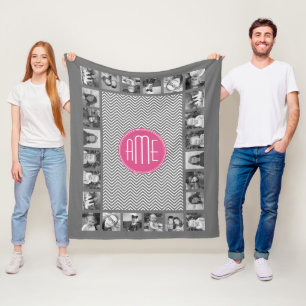 Grauwe en roze Chevrons met Aangepast Monogram Fleece Deken