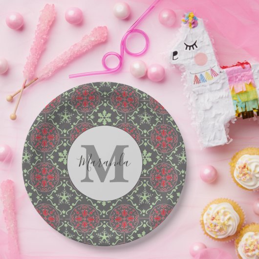 Grauwe Noordse Snowflake Winter Monogram Patroon Papieren Bordje (Feest)