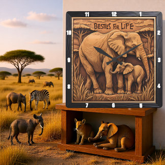 Gravé Olifant Moeder Baby Vierkante Klok