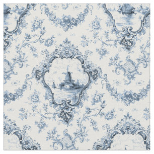 Graved Floral Toile w/Windmill & Boats-Blue Stof