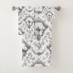 Graved Floral Toile w/Windmill & Boats-Grey Bad Handdoek