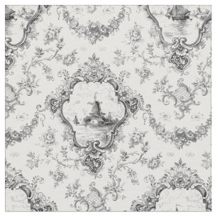 Graved Floral Toile w/Windmill & Boats-Grey Stof