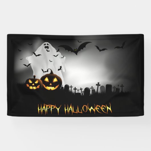 Graveyard, Ghost, Pumpkins en Bats Halloween Spandoek (Horizontaal)