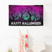 Graveyard zwart, paarse, turquoise Halloween Spandoek (Insitu)