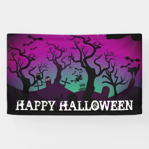 Graveyard zwart, paarse, turquoise Halloween Spandoek