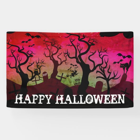 Graveyard zwart, rood, olijfgroen Halloween Spandoek (Horizontaal)