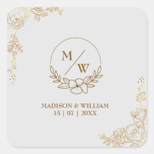 Gravure Gouden Bloemen Bruiloft Vierkante Sticker