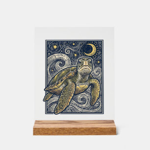 Gravure vintage tortue marine nuit étoilée