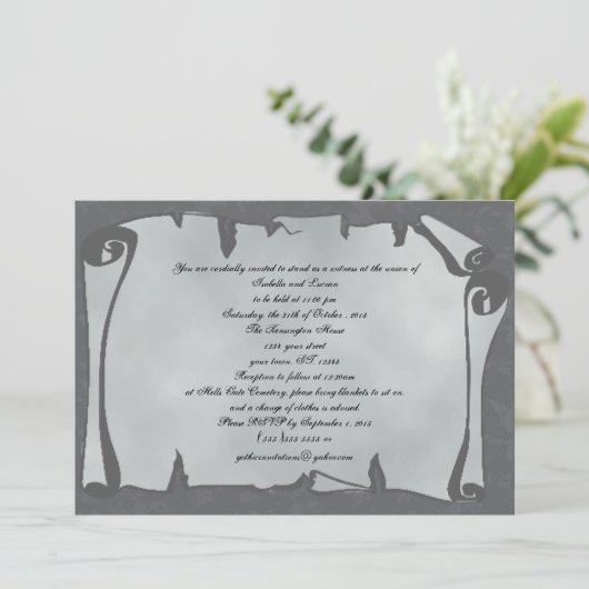 Gray Ancient Scroll Goth Wedding Invitations (Debout devant)