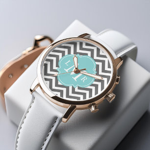 Gray and Mint Zigzags Monogram Horloge