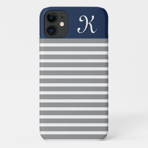 Gray and Navy Striped Pattern Monogram iPhone 11 Hoesje