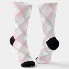 Gray and Pink Plaid Crew Socks Sokken