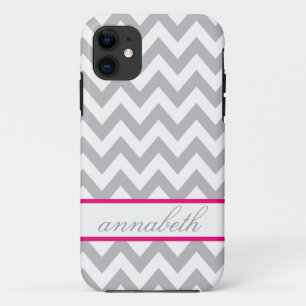 Gray and White Chevron Hot Pink Monogram iPhone 11 Hoesje