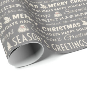 Gray and White Merry kerst Retro Typografie Cadeaupapier