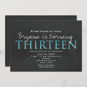 Gray & Aqua Blue 13th 13 Birthday Party Invitation Kaart