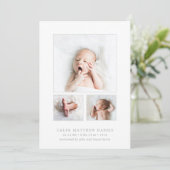 Gray Baby Boy Foto Collage Simple Birth Aankondiging (Staand voorkant)