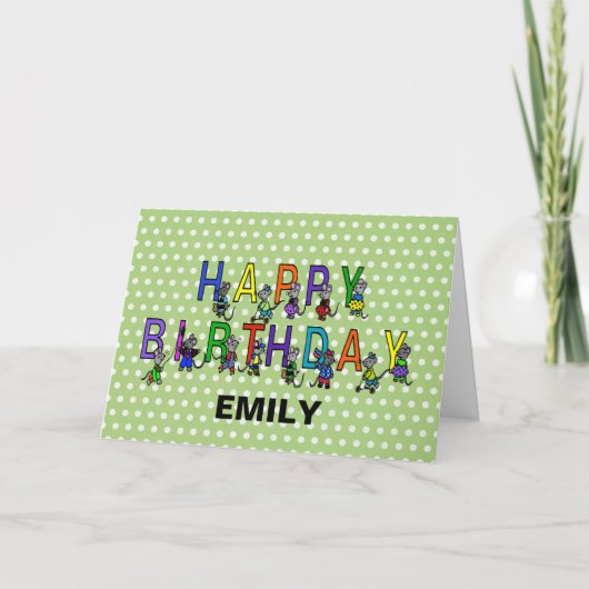 Gray Birthday Mice op Polka Dots Kaart (Voorkant)