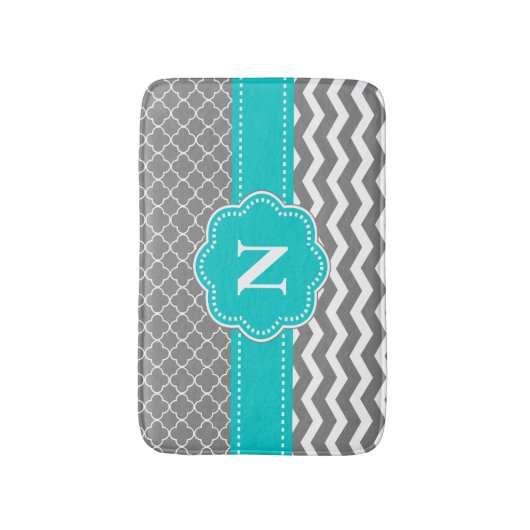 Gray Blauwgroen Chevron Monogram Bathmat Badmat (Voorkant Verticaal)