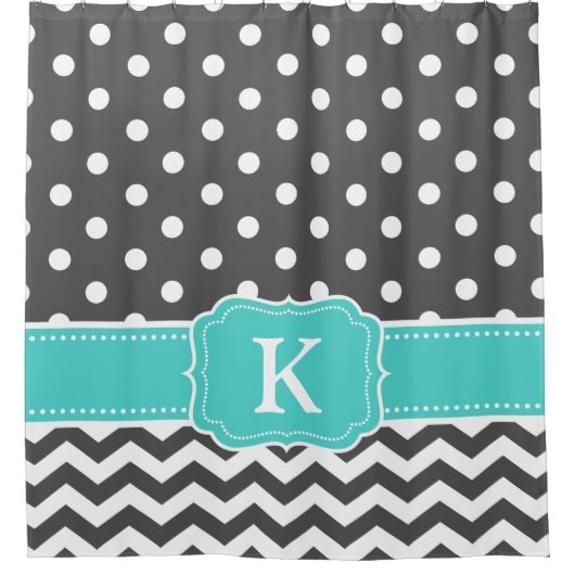 Gray Blauwgroen Polka Dots Chevron Monogram Initia Douchegordijn (Voorkant)