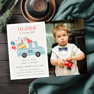 Gray Blue Any Age Birthday Cake Truck Foto uitnodi Bedankkaart