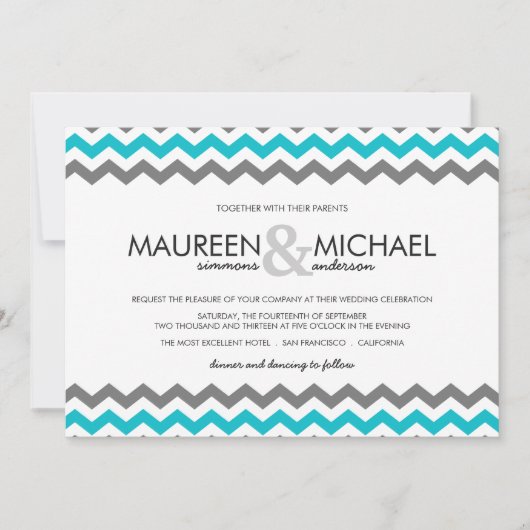 Gray & Blue Chevron Zig Zag Wedding Invitations Kaart (Voorkant)