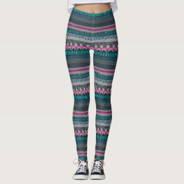 Gray Blue Floral Tribal Print Leggings