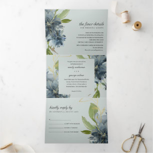 GRAY BLUE GREEN GOLD FLORAL WATERVERF WEDING DRIELUIK UITNODIGING