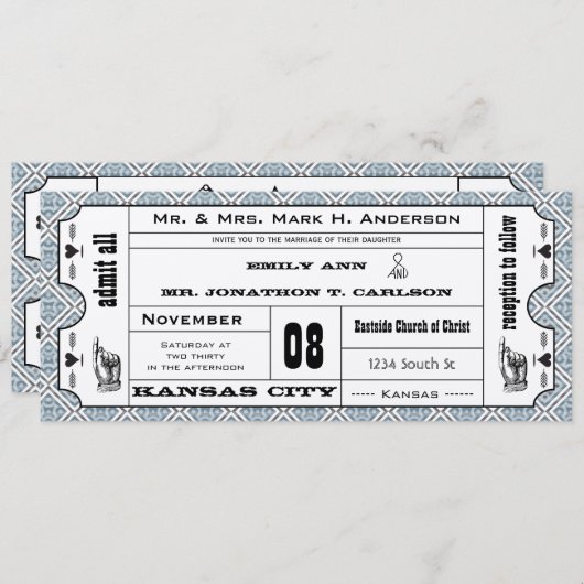 Gray Blue  Modern Typography Ticket Wedding Kaart (Voorkant / Achterkant)