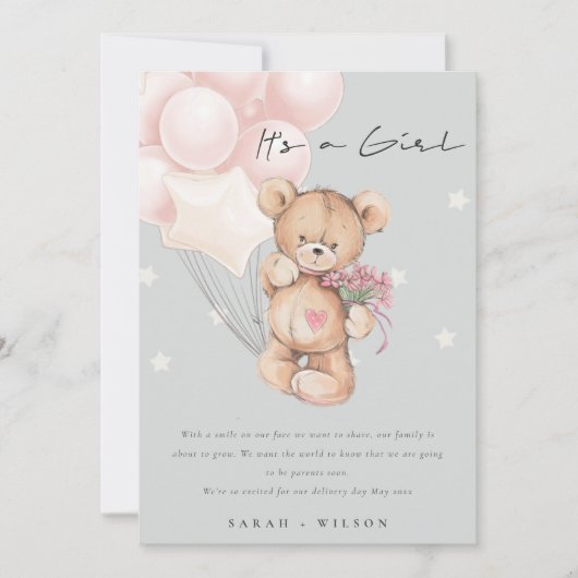 Gray Blush Beer Ballon Baby Aankondiging Kaart (Voorkant)
