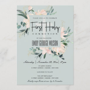 GRAY BLUSH FLORAL WATERVERF EERSTE HOLY COMMUNION KAART