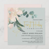 GRAY BLUSH FLORAL WATERVERF EERSTE HOLY COMMUNION KAART (Voorkant / Achterkant)