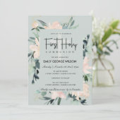 GRAY BLUSH FLORAL WATERVERF EERSTE HOLY COMMUNION KAART (Staand voorkant)