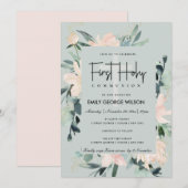 GRAY BLUSH FLORAL WATERVERF EERSTE HOLY COMMUNION KAART (Voorkant / Achterkant)