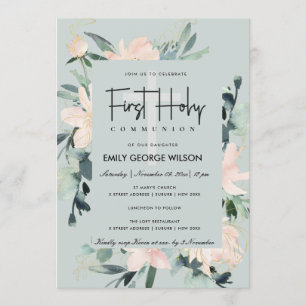 GRAY BLUSH FLORAL WATERVERF EERSTE HOLY COMMUNION KAART