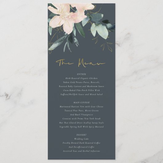 GRAY BLUSH GOLD FLORAL BUNCH WATERVERF WEDING MENU (Voorkant)