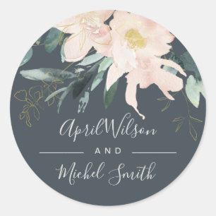 GRAY BLUSH GOLD FLORAL BUNCH WATERVERF WEDING RONDE STICKER