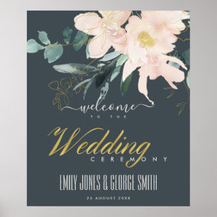 GRAY BLUSH GOLD FLORAL WATERVERF WEDDING WELKOM POSTER