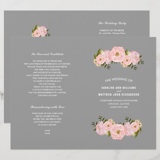 Gray | Blush Pink Pioenrozen Trouwprogramma (Voorkant / Achterkant)