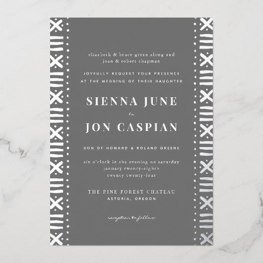 Gray Boho Mudcloth Border Silver Foil Uitnodiging (Voorkant)