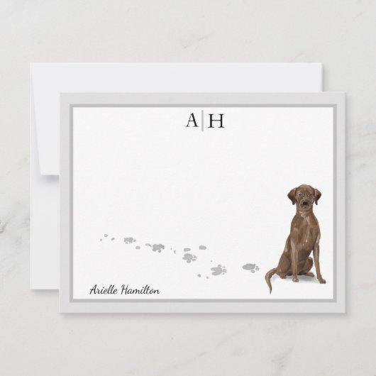 Gray Border Monogram van Chocolate Labrador Retrie Notitiekaartje (Voorkant)